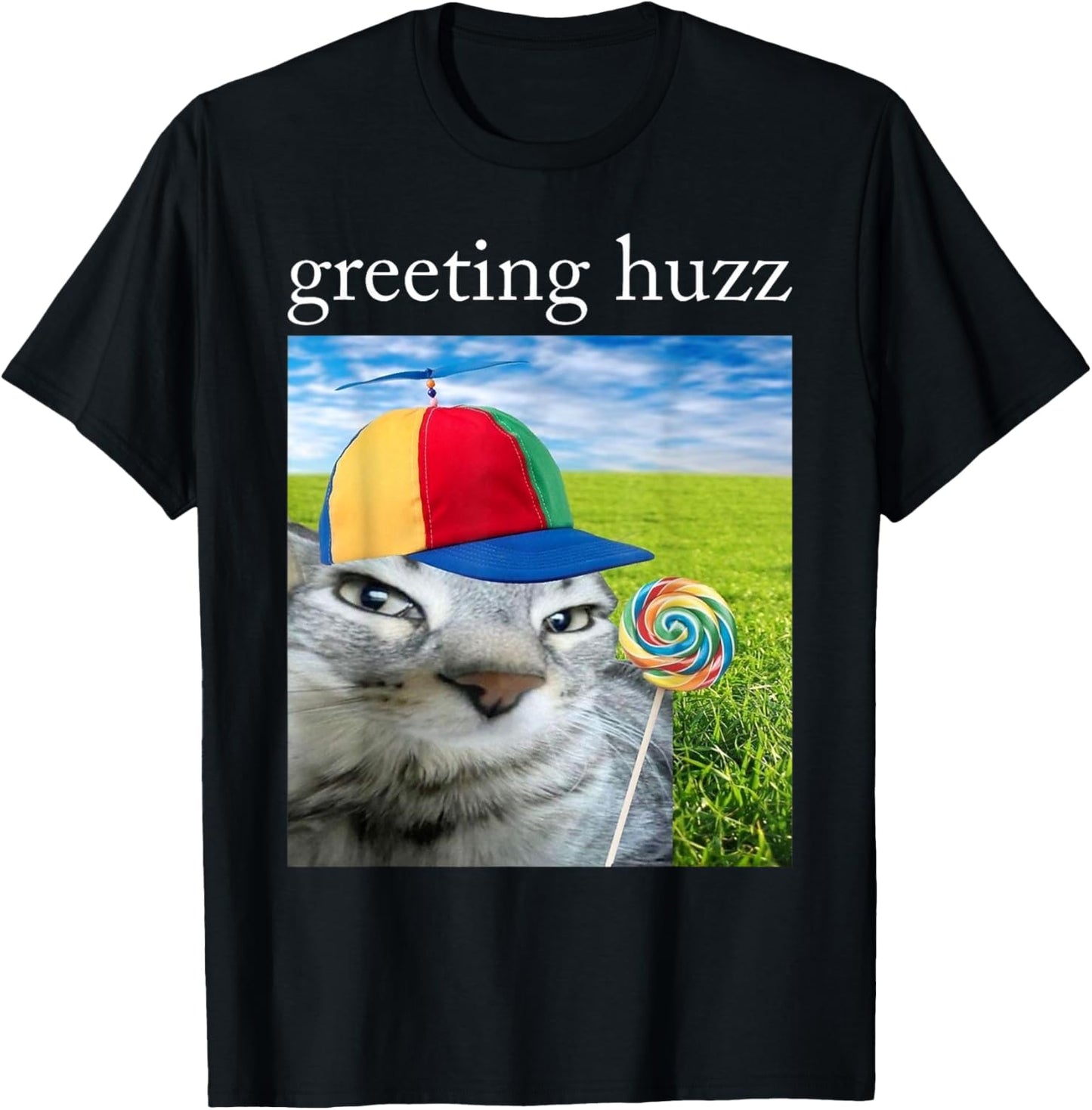 Greetings Huzz Funny Silly Cat with Lollipop Gen Z Meme T-Shirt - T-Shirt | Black