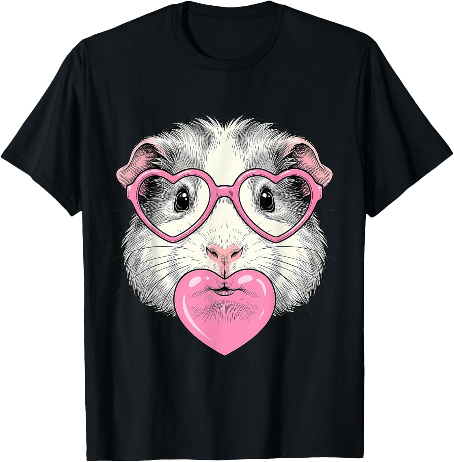 Cute Guinea Pig Blowing Pink Valentine Heart Bubble Gum T-Shirt - T-Shirt | Black