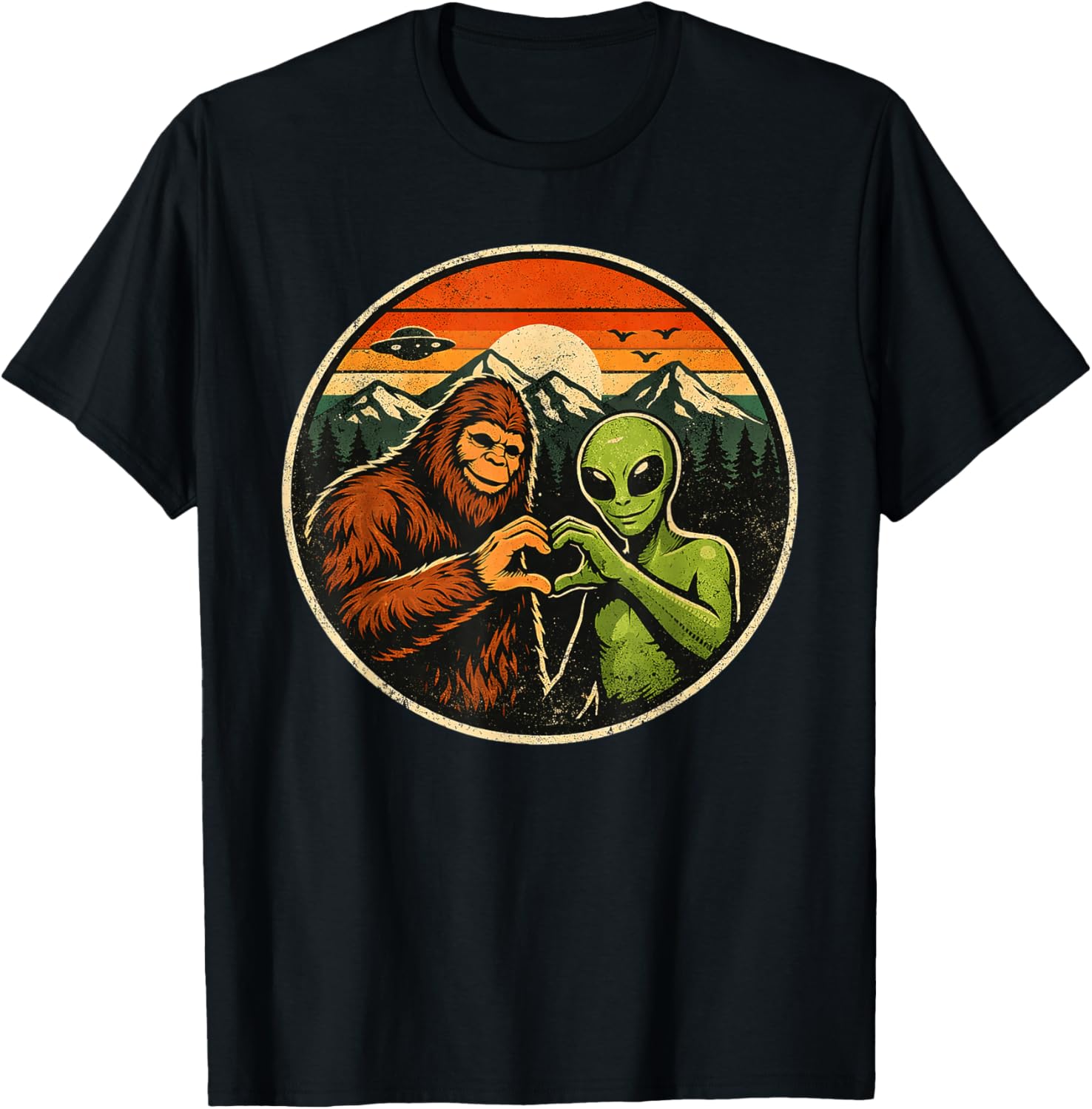 Bigfoot & Alien Making A Heart Sunset Kids Boys Valentines T-Shirt - T-Shirt | Black