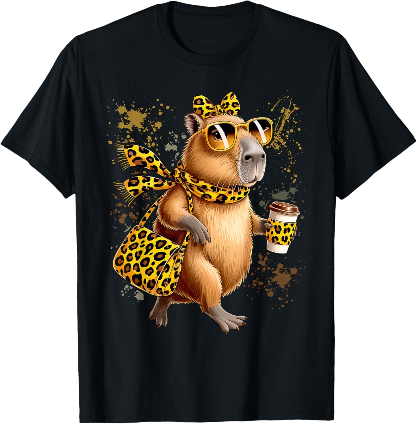 Fashion Funny Leopard Capybara Coffee Cute Women Girls T-Shirt - T-Shirt | Black