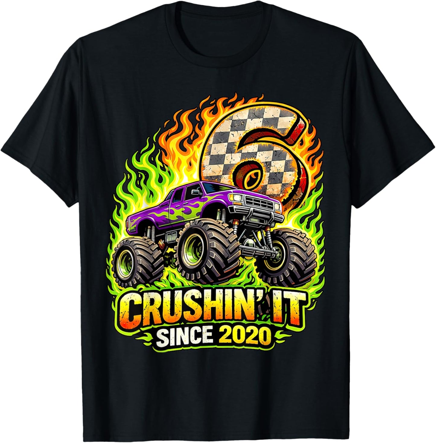Birthday Monster Truck 6 Year Old Boys 6th Party Born 2020 T-Shirt - T-Shirt | Black