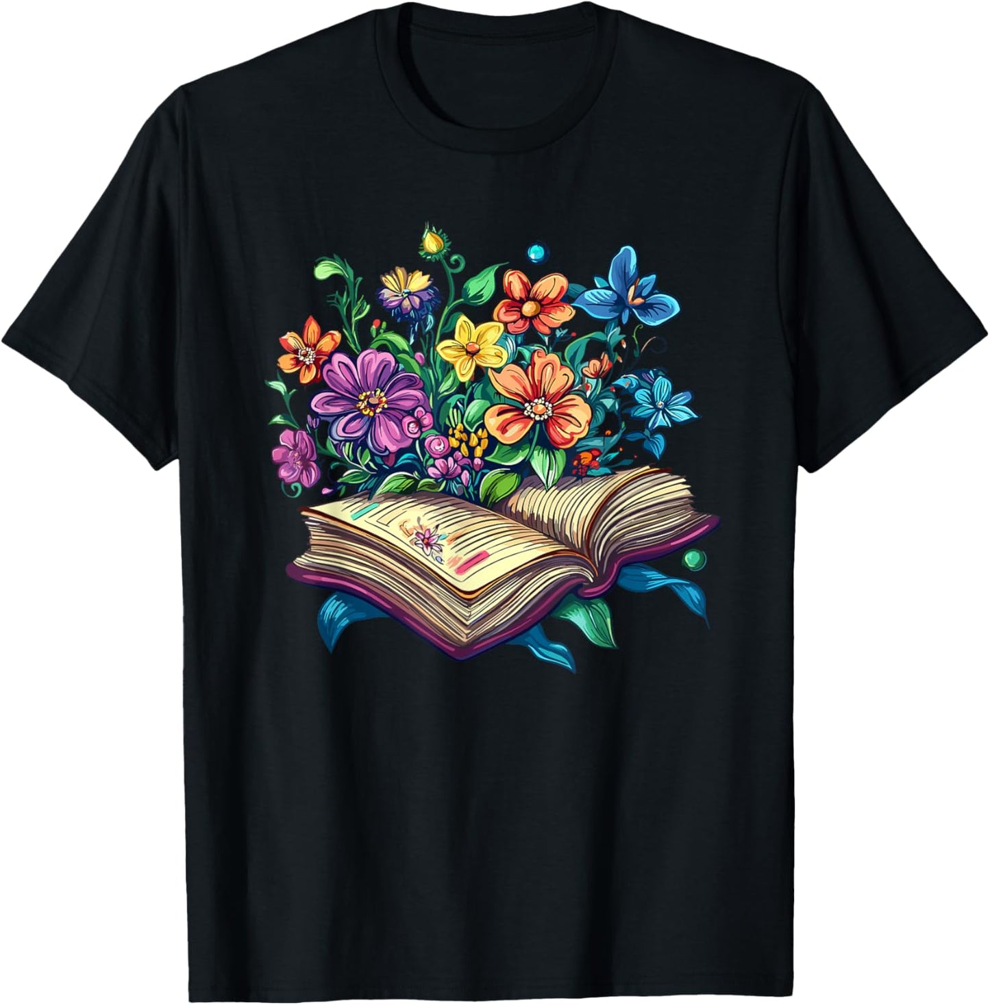 Enchanted Open Book with Blooming Flowers T-Shirt - T-Shirt | Black