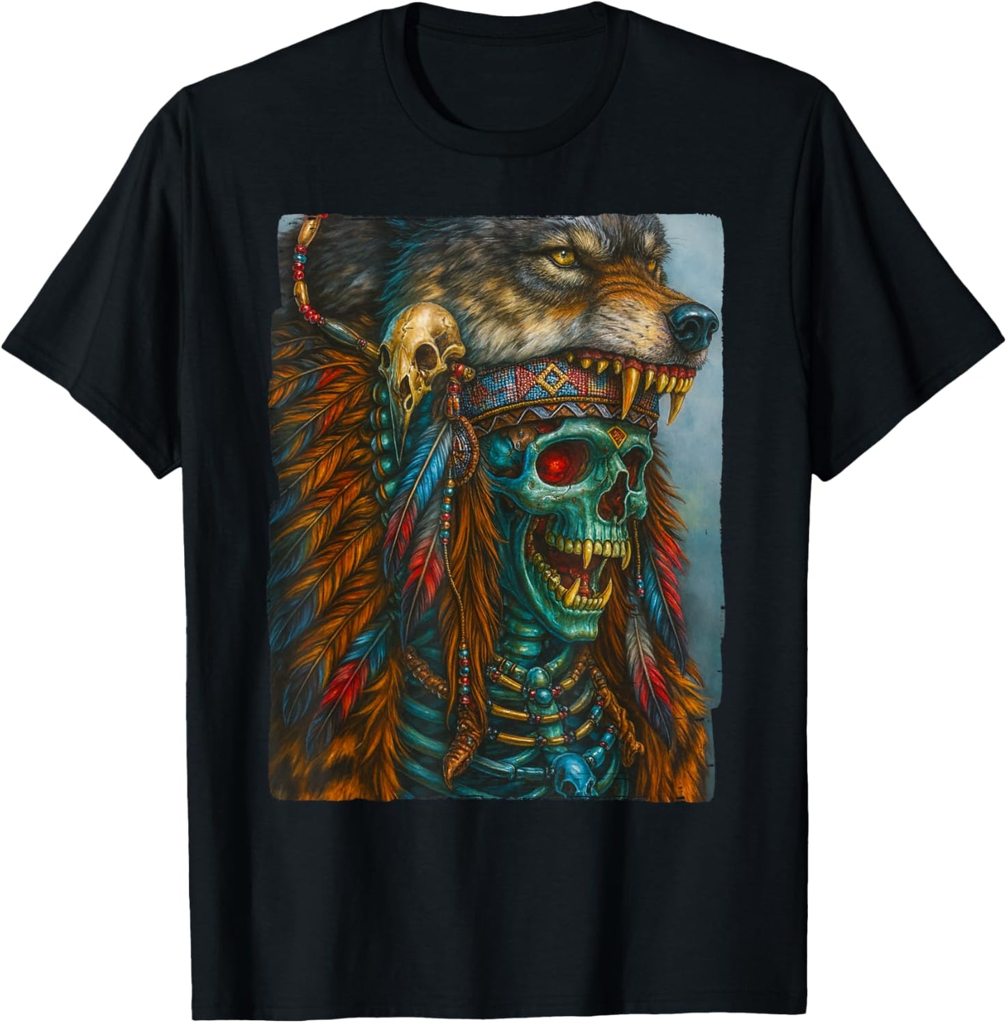 Native American - Chief Warrior - Indian Wolf Headdress T-Shirt - T-Shirt | Black