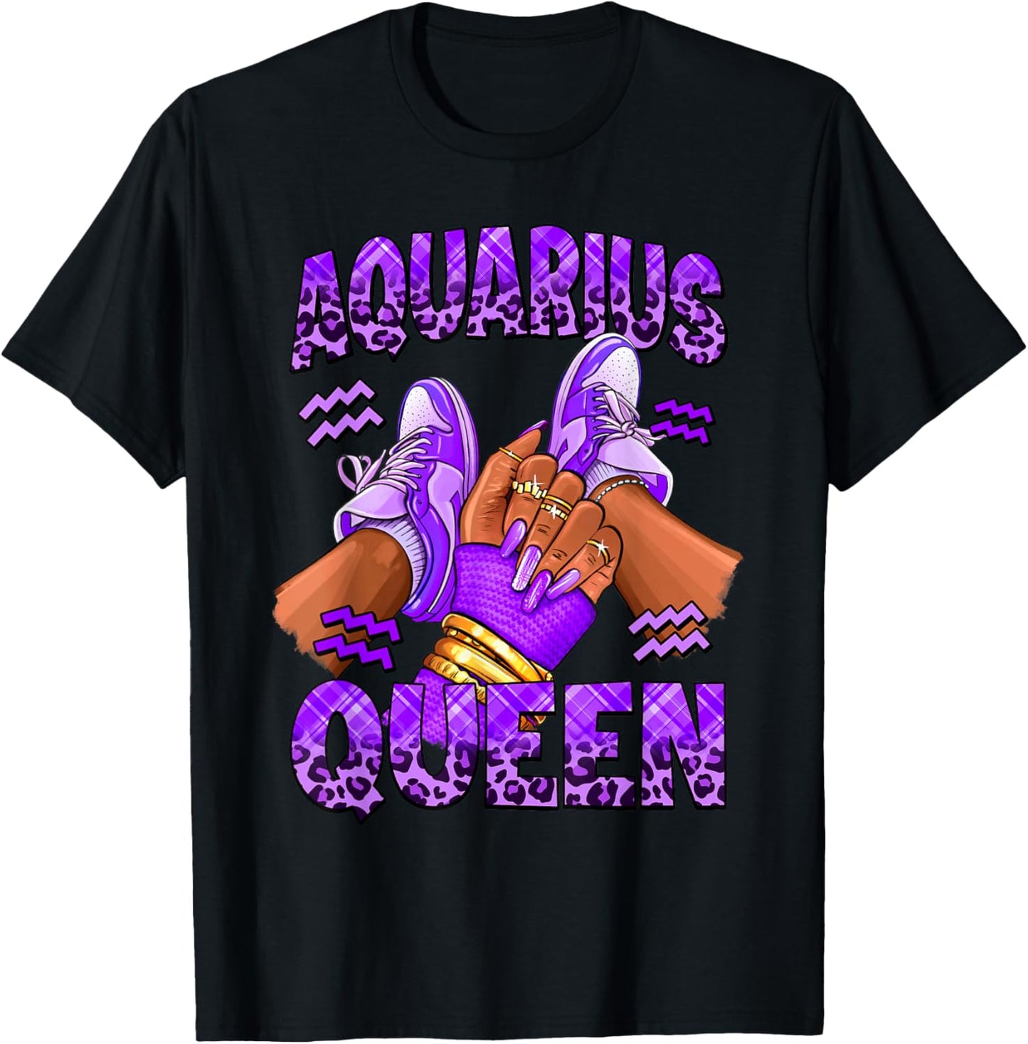 Aquarius Girl Zodiac Birthday Afro Queen Sneakers Nails T-Shirt - T-Shirt | Black