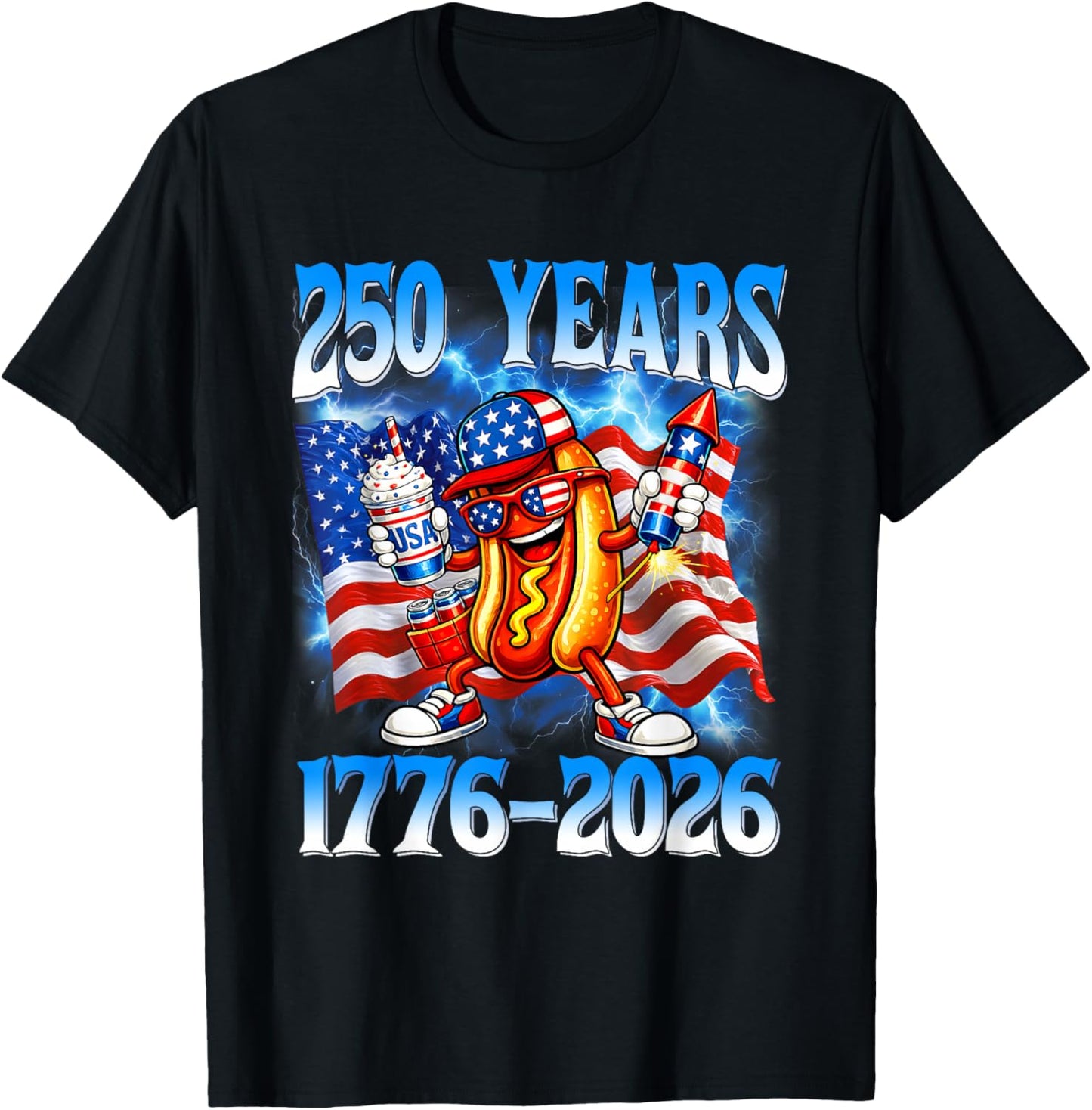 250 Years 1776 2026 250th American Flag 4th of July Hotdog T-Shirt - T-Shirt | Black
