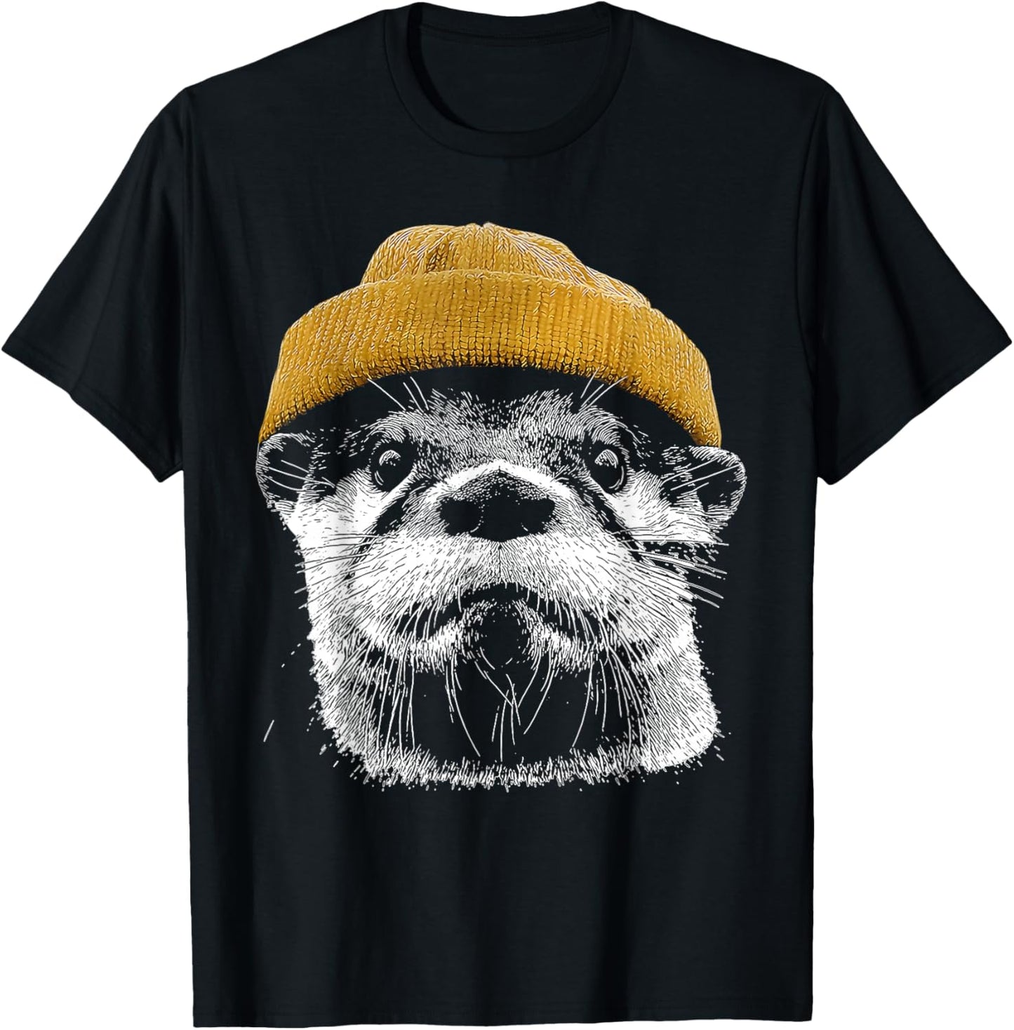 Retro River Otter Wearing Beanie Cute Otter Animal Art T-Shirt - T-Shirt | Black