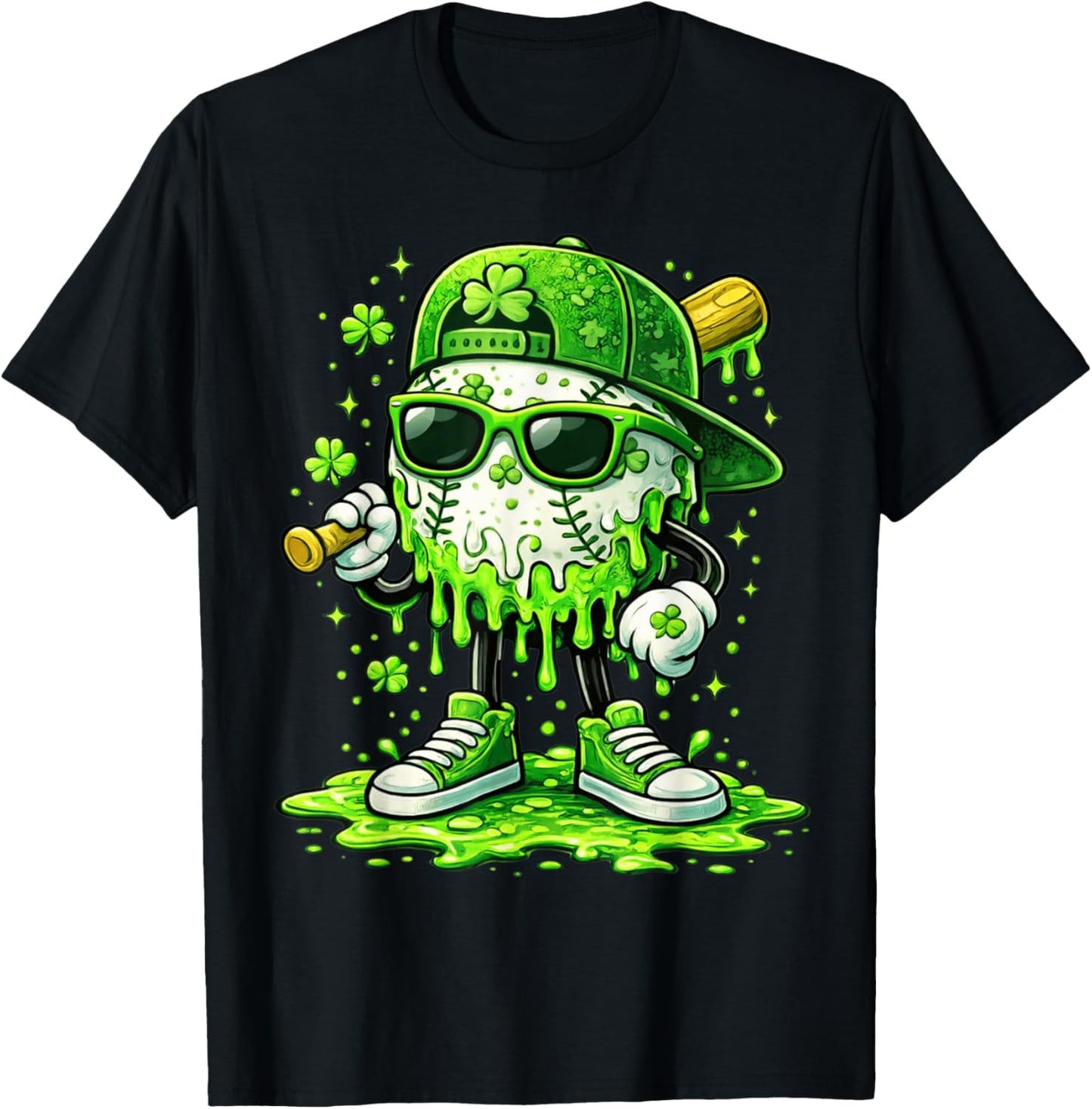 St Patricks Day Baseball Ice Cream Drip Shamrock Kids Boys T-Shirt - T-Shirt | Black