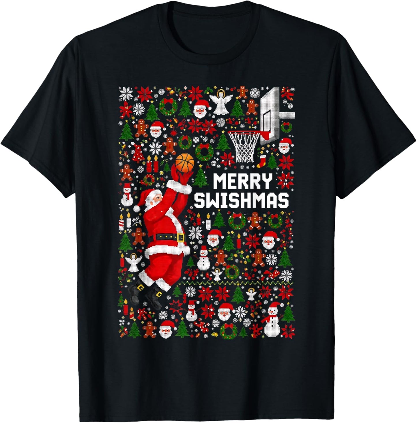 Merry Swishmas Santa Basketball Ugly Sweater Style T-Shirt - T-Shirt | Black