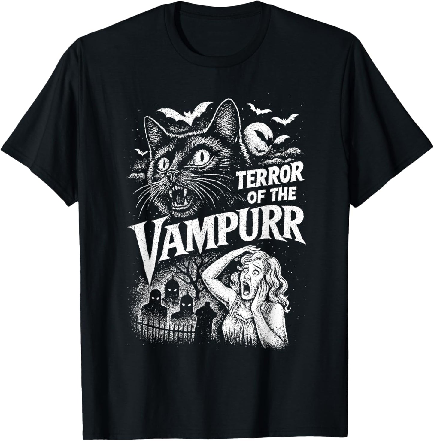 Terror of The Vampurr Halloween Cat Vintage Movie Spooky T-Shirt - T-Shirt | Black