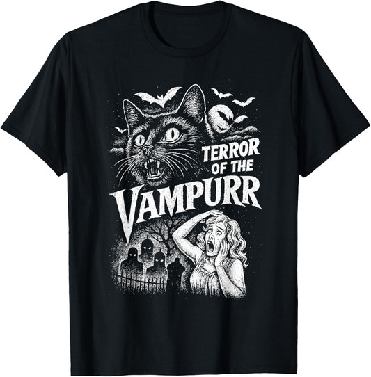 Terror of The Vampurr Halloween Cat Vintage Movie Spooky T-Shirt - T-Shirt | Black