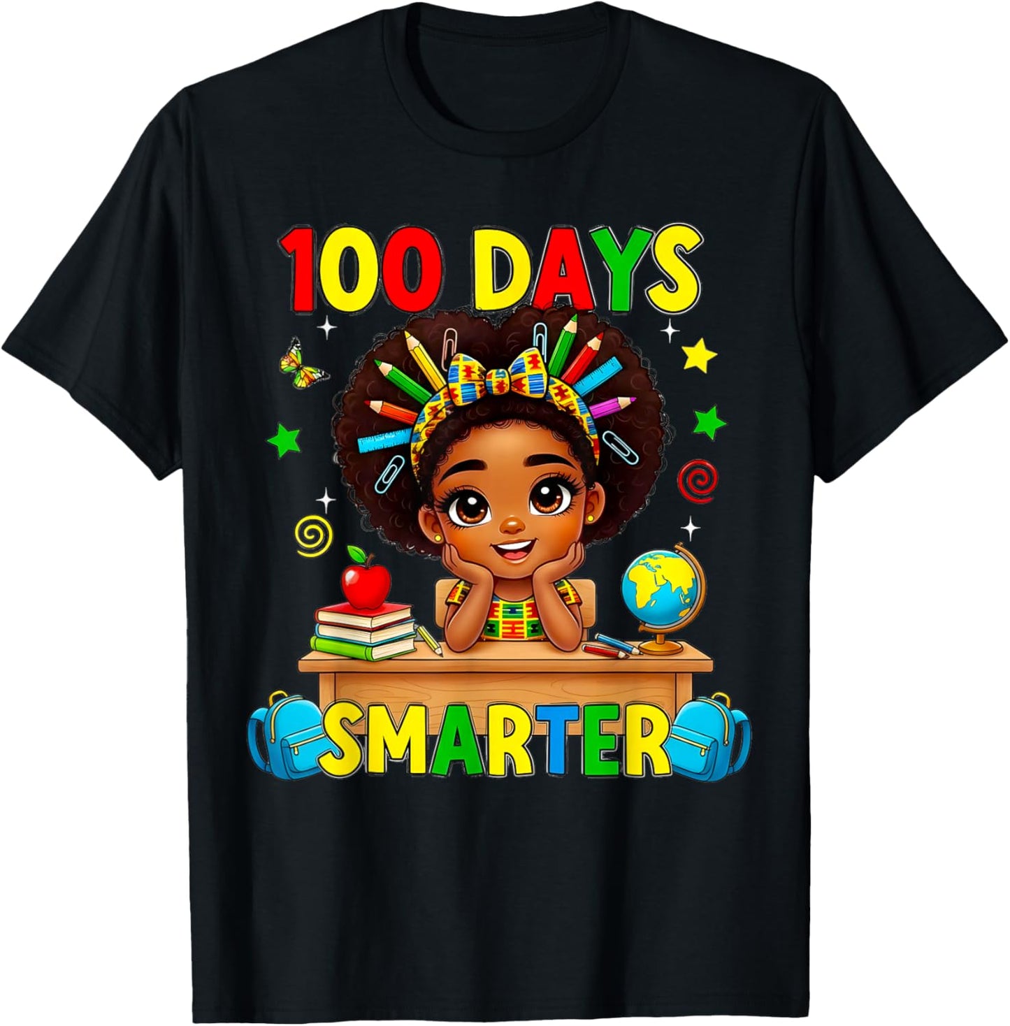 100 Days of School Afro Girl 100th Day Teacher Messy Bun T-Shirt - T-Shirt | Black