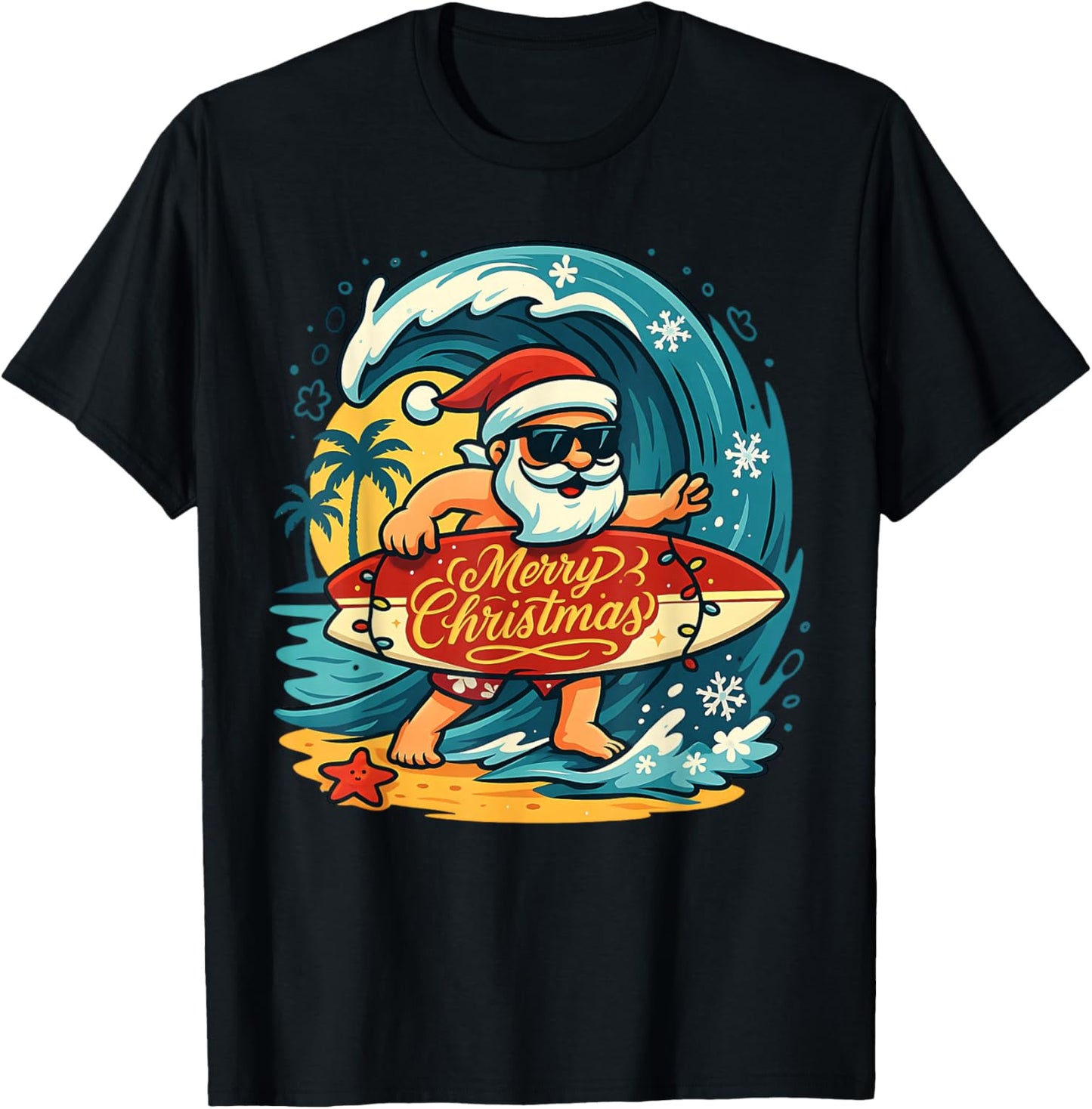 Santa Surfing Hawaiian Beach Christmas in July Tropical Xmas T-Shirt - T-Shirt | Black