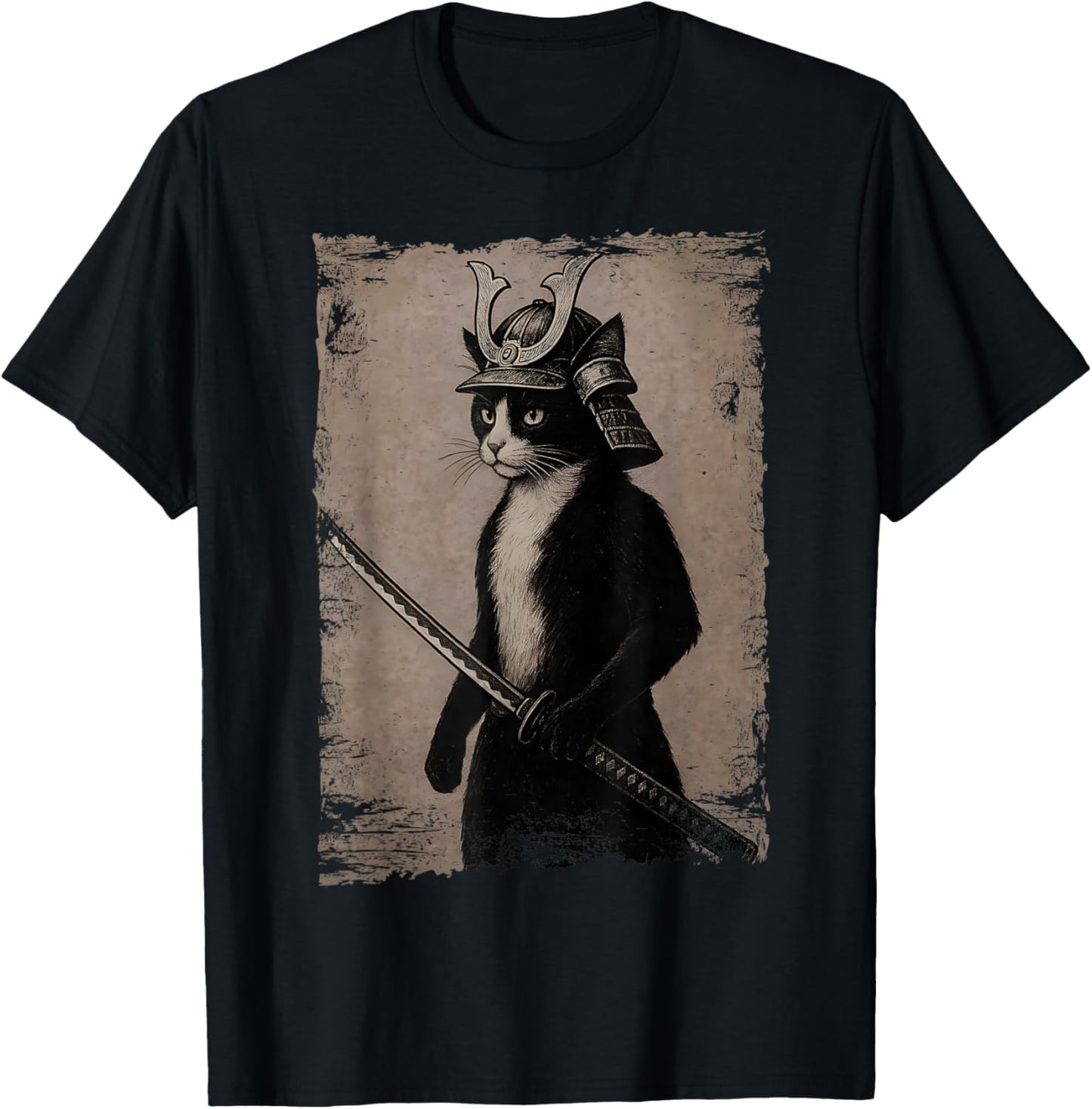 Samurai Japanese Cat Vintage Funny Graphic Ukiyo-e Art T-Shirt - T-Shirt | Black