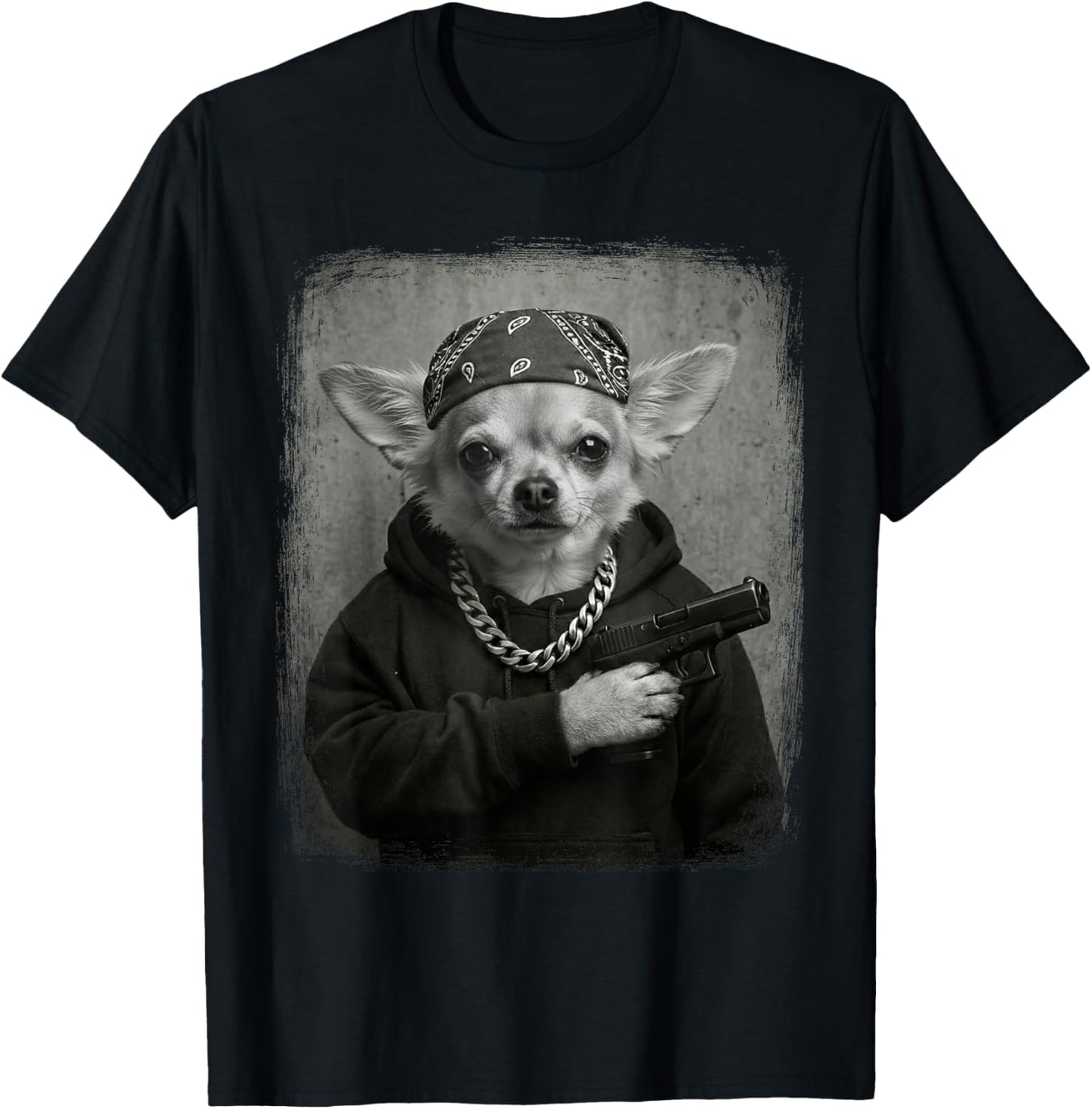 Street Style Chihuahua Dog Gangster Bandana & Chain Funny T-Shirt - T-Shirt | Black