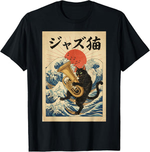 Funny Cat Playing Tuba for Jazz Musician Tubist T-Shirt - T-Shirt | Black
