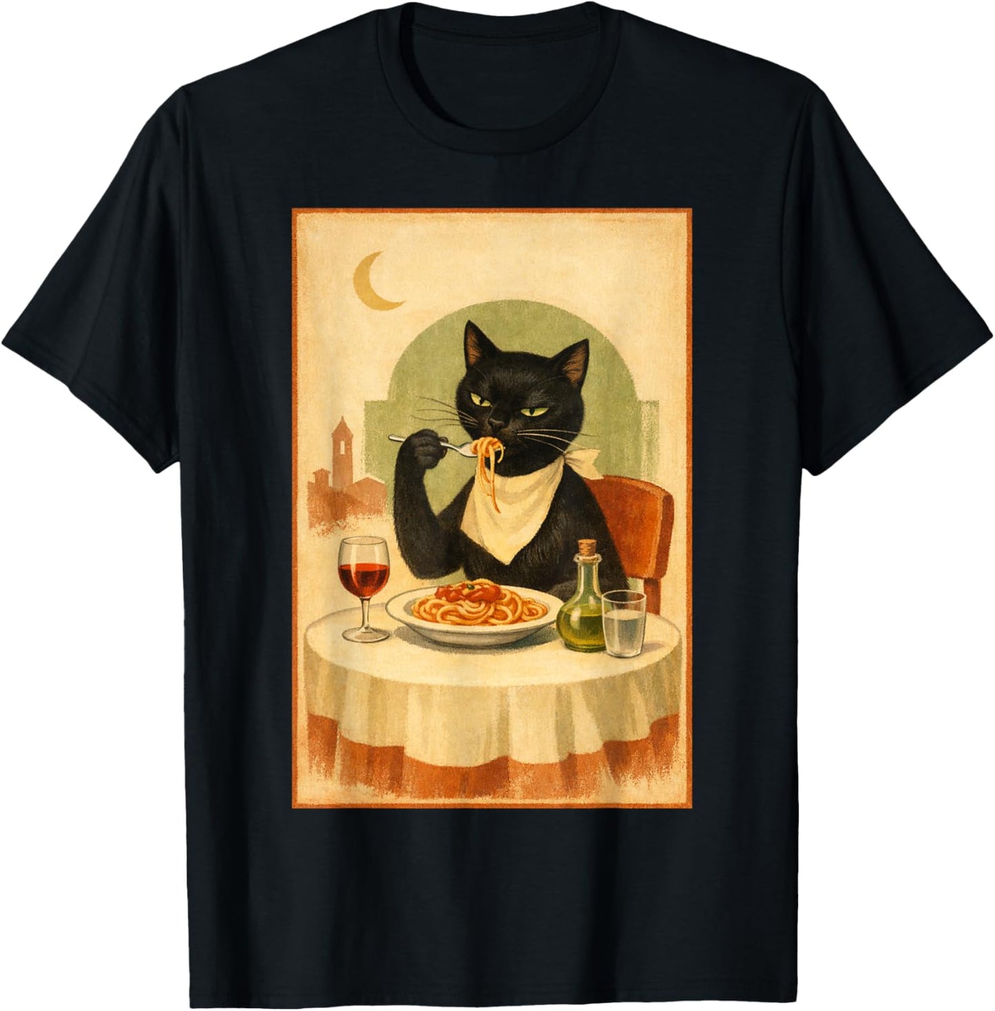 Black Cat Eating Spaghetti Illustration T-Shirt - T-Shirt | Black