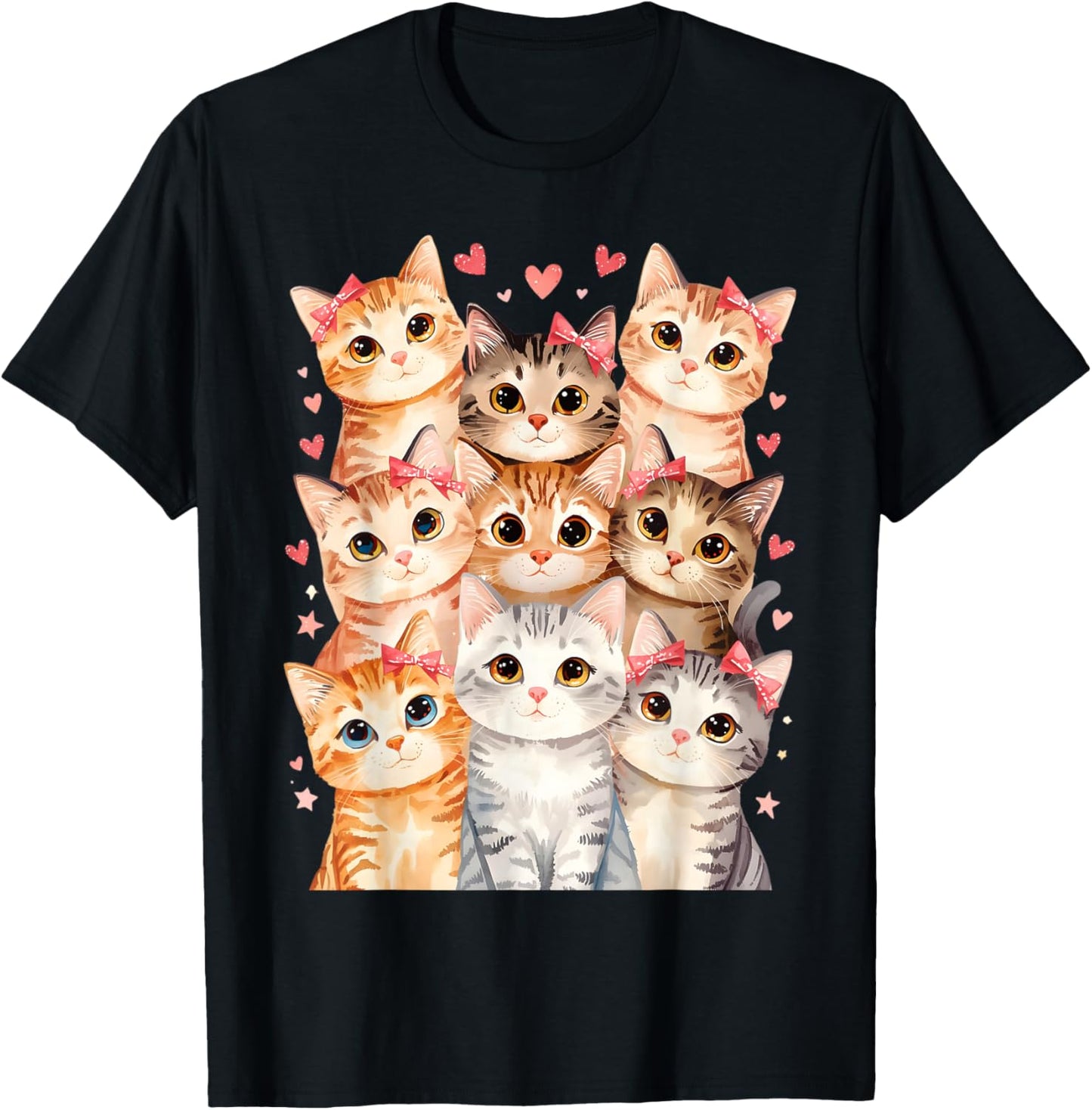 Cat Loving Girls Nine Cats with Pink Bows and Love Heart T-Shirt - T-Shirt | Black