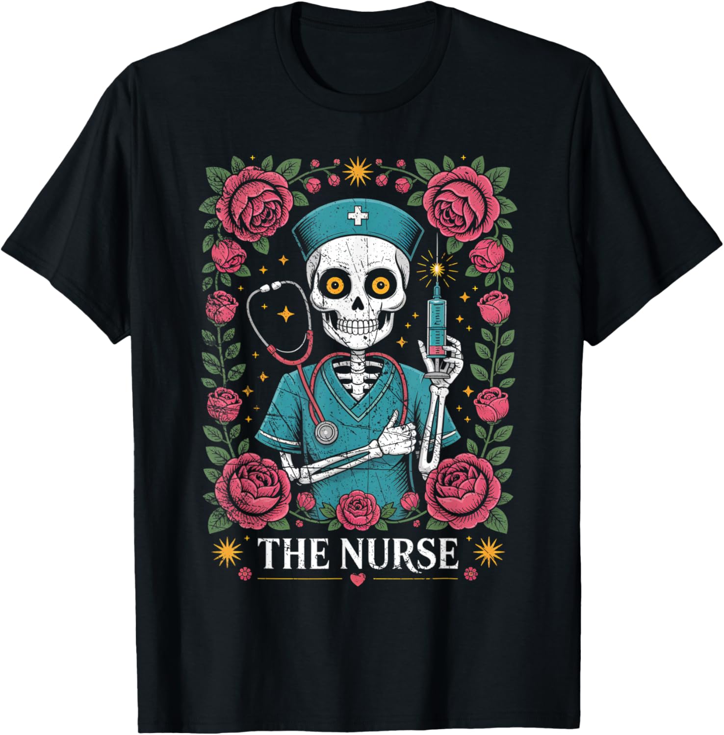 The Nurse Skeleton and Flower T-Shirt - T-Shirt | Black