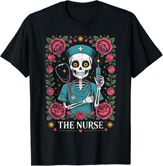 The Nurse Skeleton and Flower T-Shirt - T-Shirt | Black