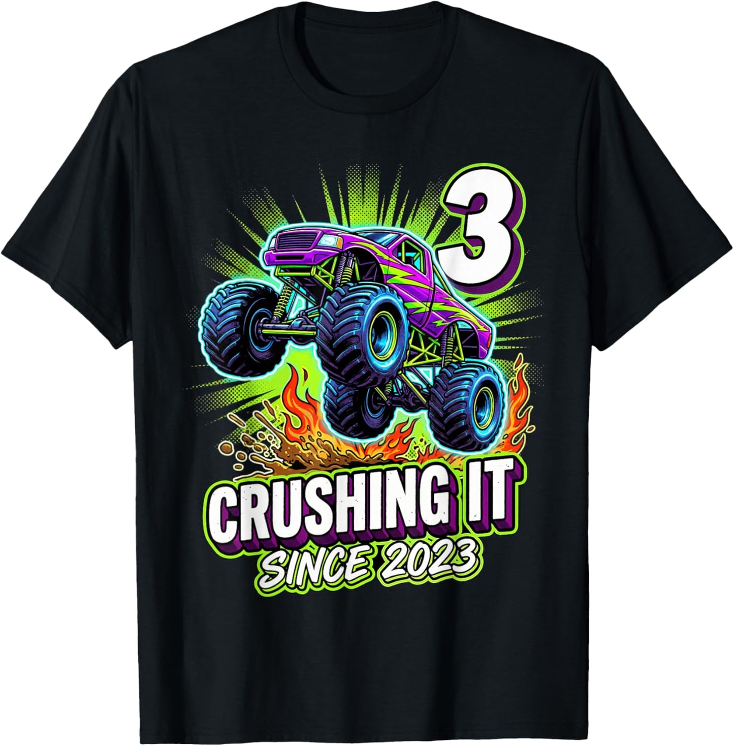 Birthday Monster Truck 3 Year Old Boys 3rd Party Born 2023 T-Shirt - T-Shirt | Black