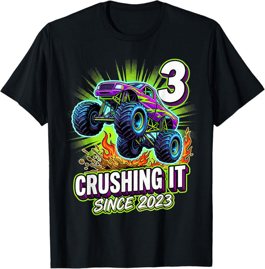 Birthday Monster Truck 3 Year Old Boys 3rd Party Born 2023 T-Shirt - T-Shirt | Black