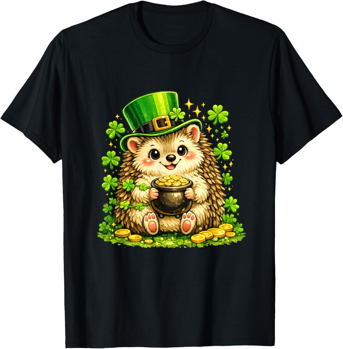Cute Lucky Hedgehog Leprechaun St Patrick’s Day Funny T-Shirt - T-Shirt | Black