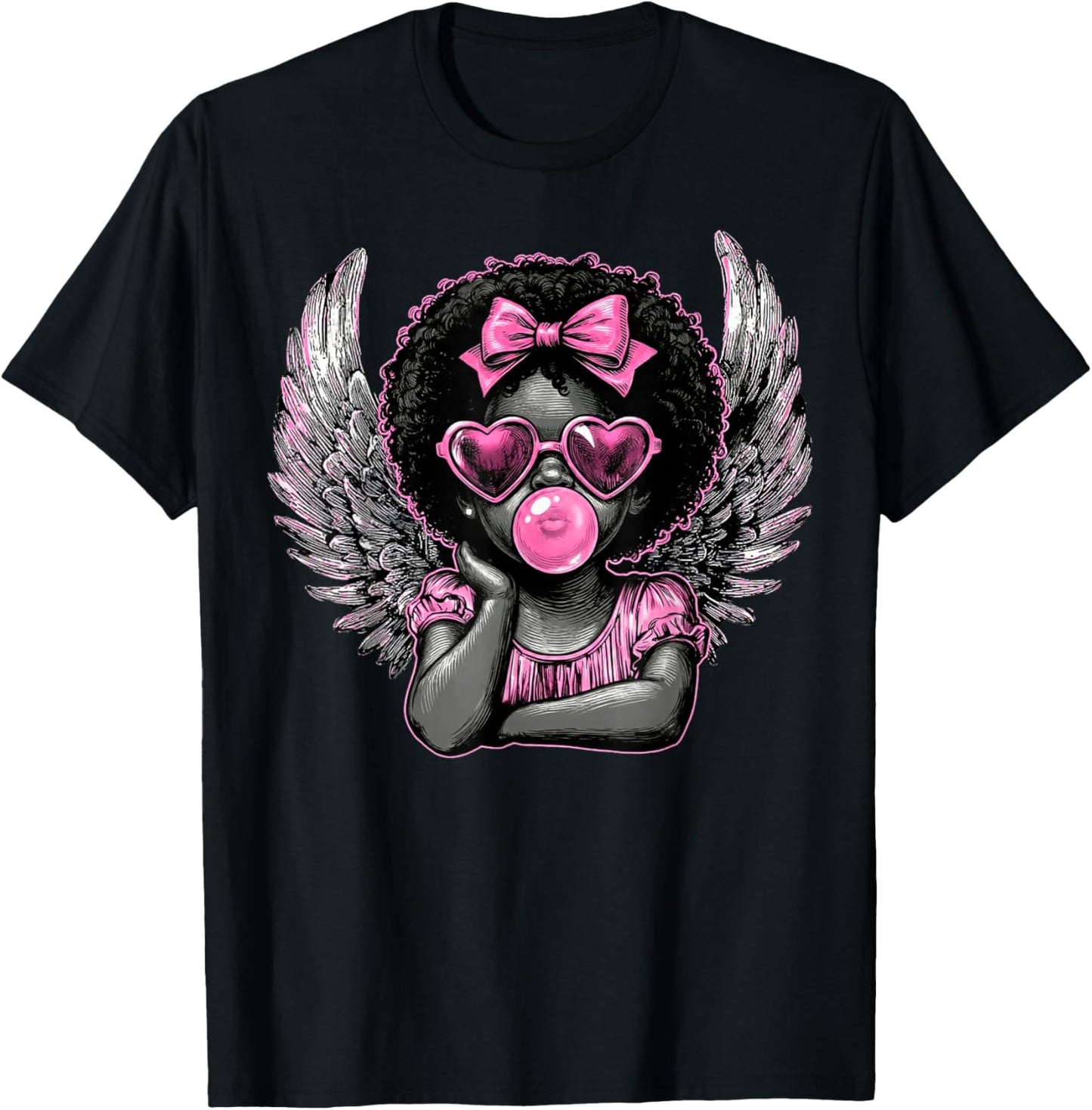 Afro Cupid with Sunglasses Blowing Bubble Gum Valentine T-Shirt - T-Shirt | Black