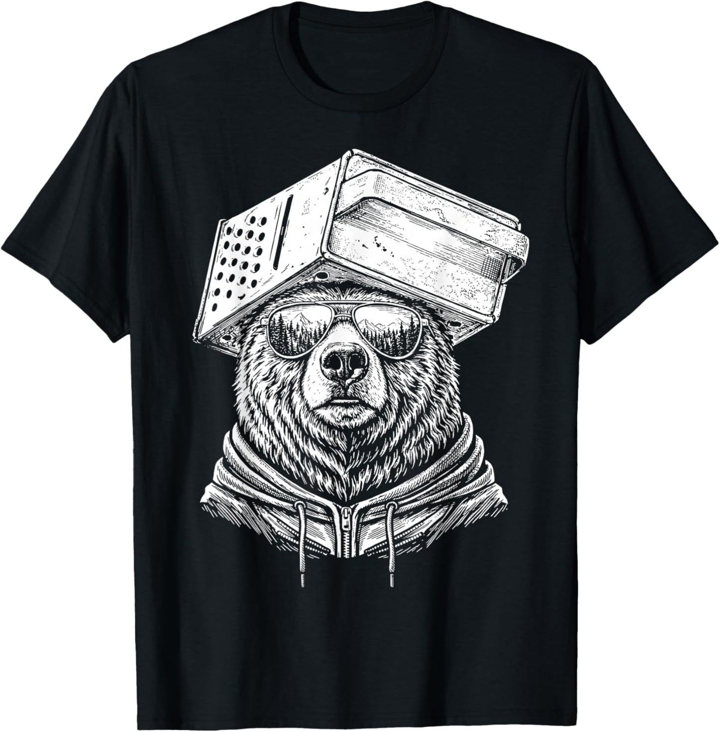 Retro Bear Wearing Cheese Grater Hat with Sunglasses Funny T-Shirt - T-Shirt | Black