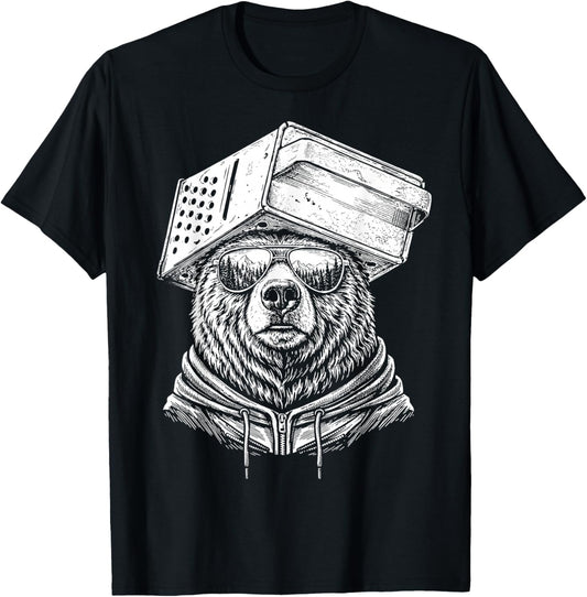 Retro Bear Wearing Cheese Grater Hat with Sunglasses Funny T-Shirt - T-Shirt | Black