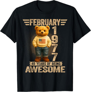 49 Year Old February 1977 Teddy Bear 49th Birthday Men Women T-Shirt - T-Shirt | Black