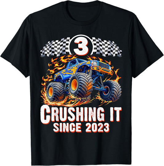 Birthday Monster Truck 3 Year Old Boys 3rd Party Born 2023 T-Shirt - T-Shirt | Black