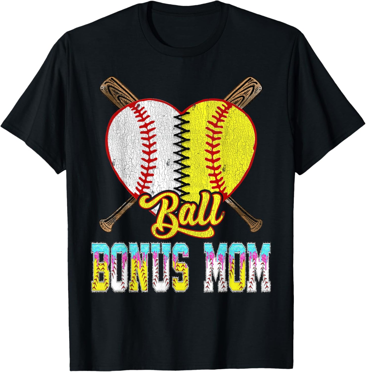 Bonus Mom of Both Half Baseball Softball Ice Cream Drip T-Shirt - T-Shirt | Black