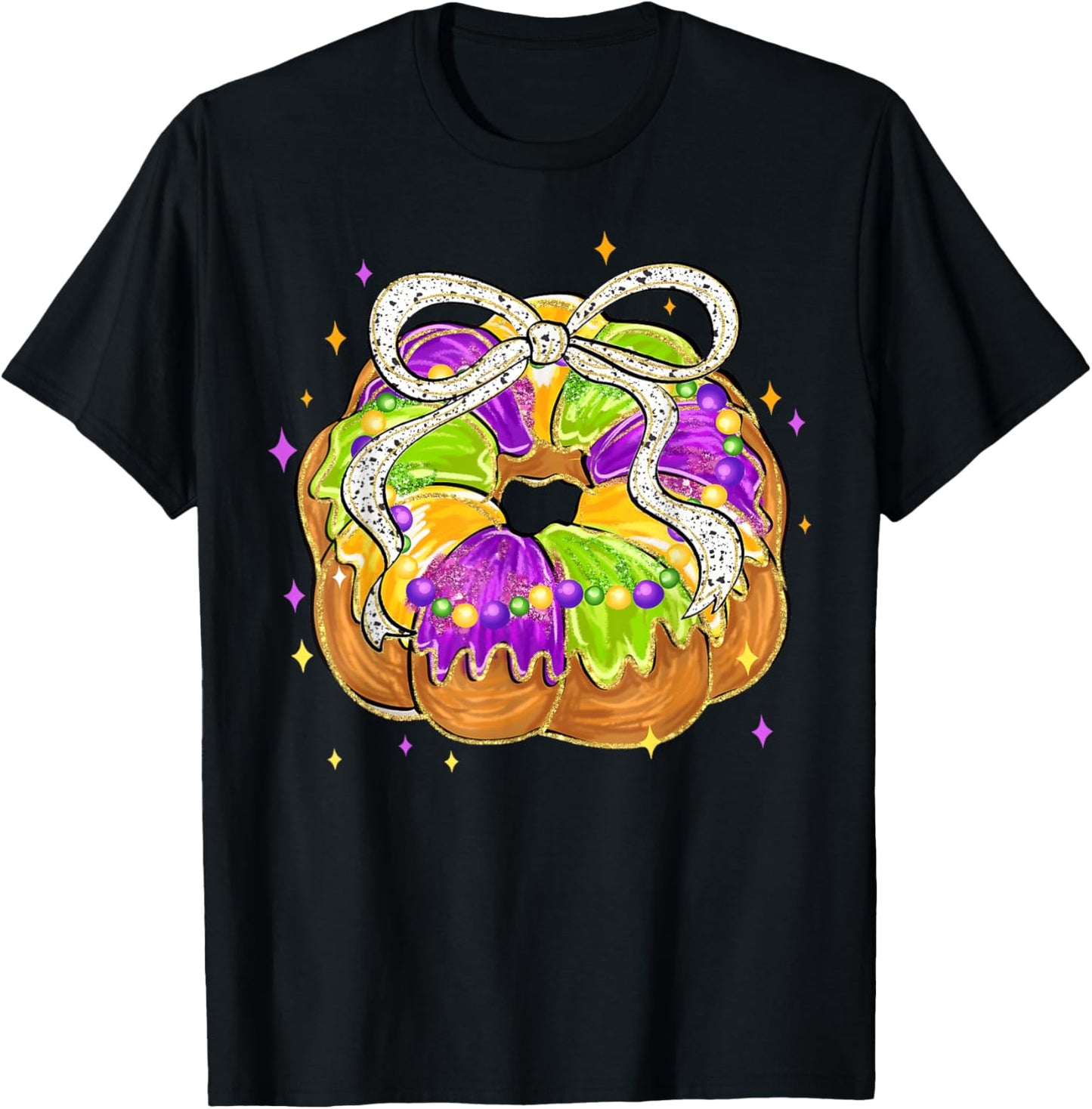 Mardi Gras Retro King Cake Coquette Bow Beads Carnival T-Shirt - T-Shirt | Black