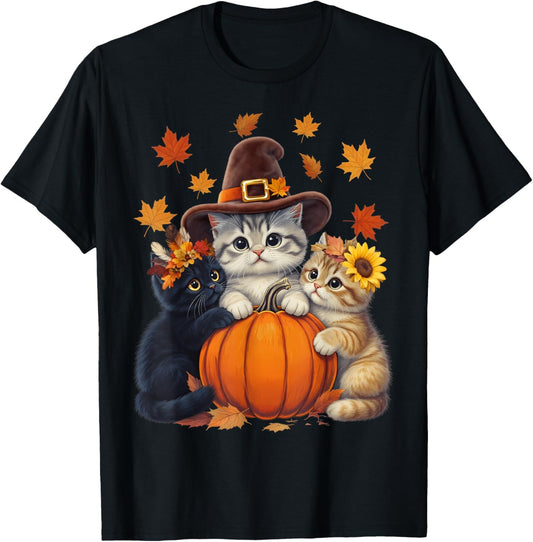 Thanksgiving Kittens and Pumpkin Cats Lover Men Women Fall T-Shirt - T-Shirt | Black