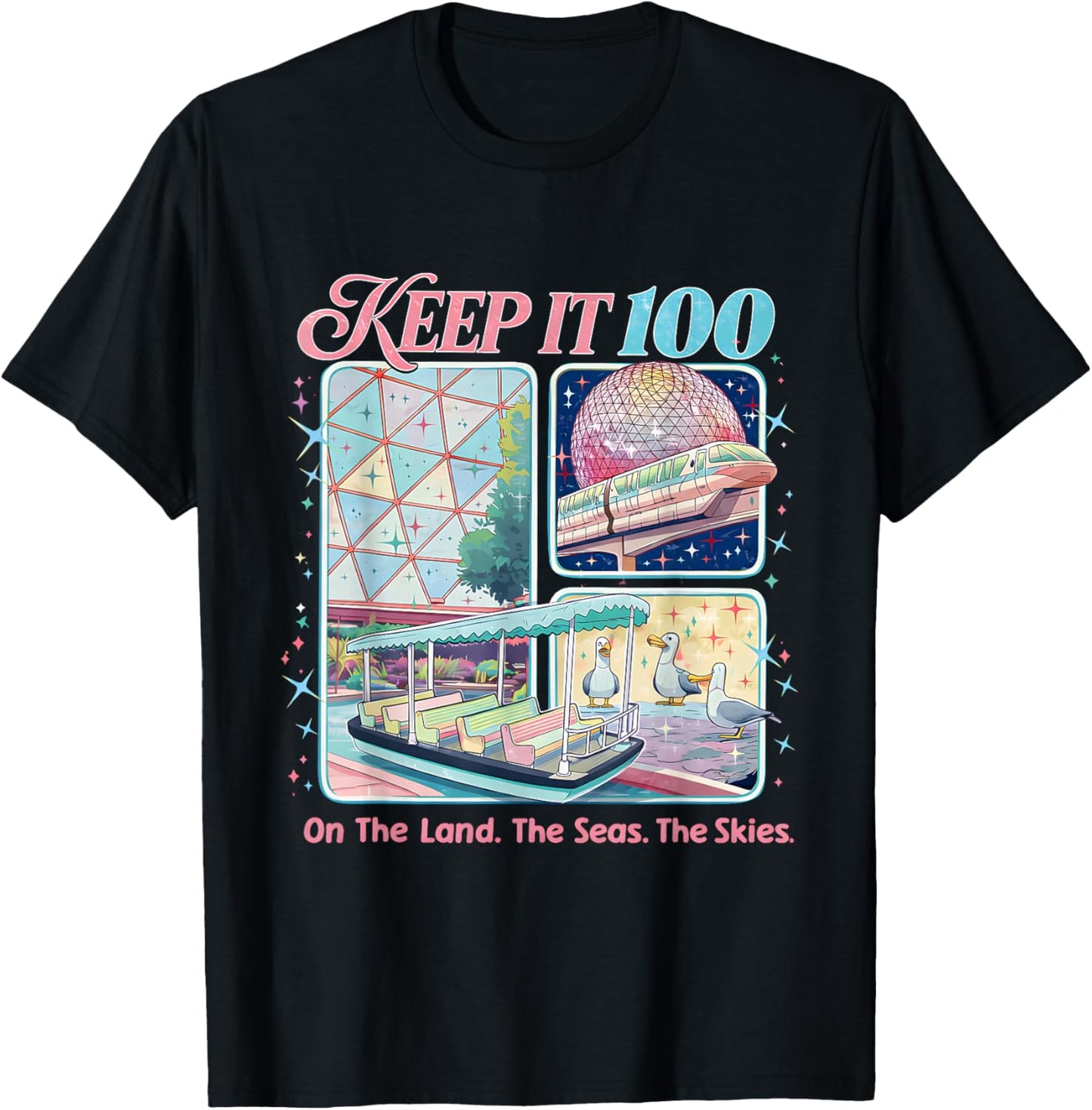 Keep It 100 Retro Travel Aesthetic Land Sea Sky T-Shirt - T-Shirt | Black