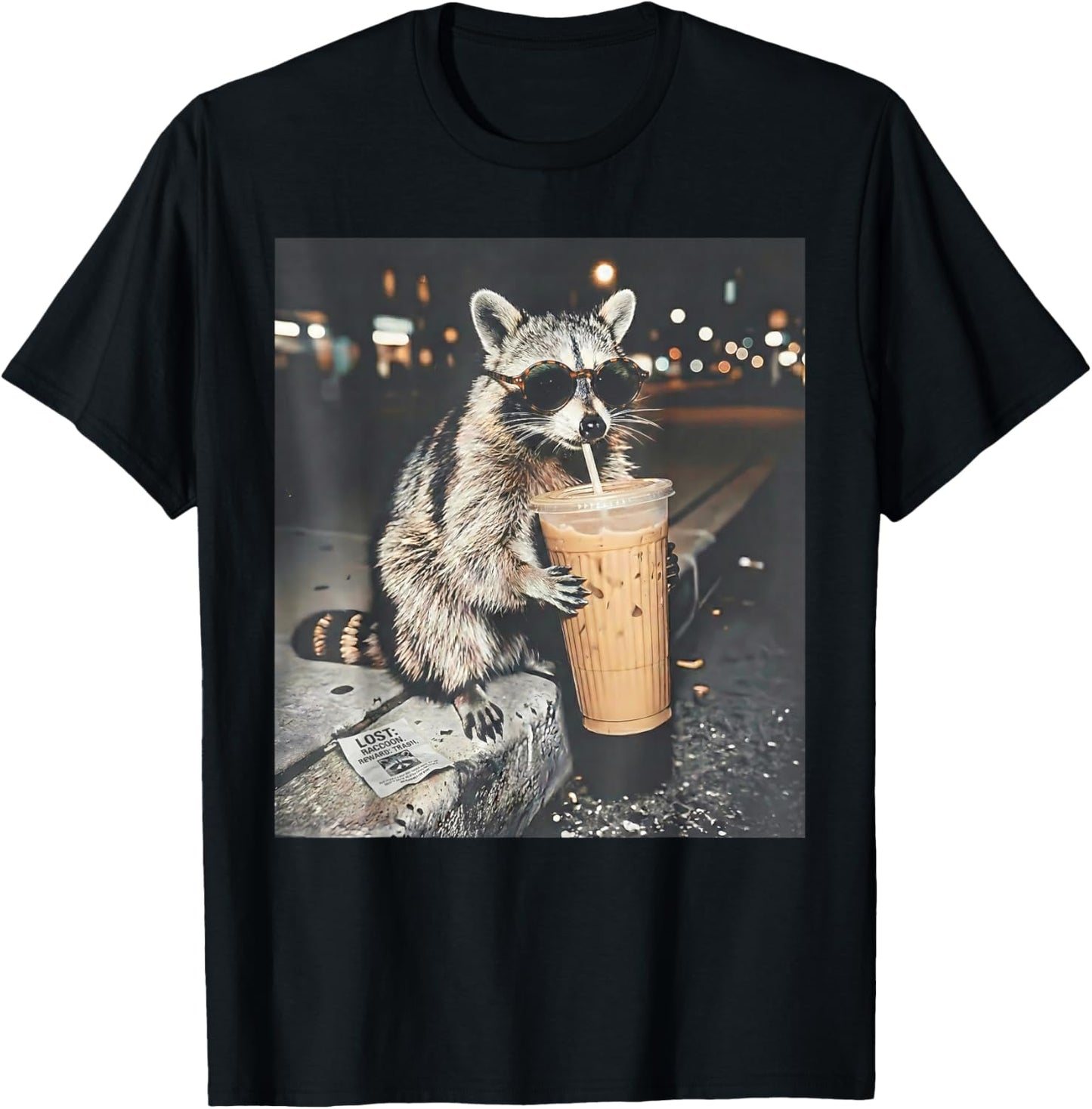 Funny Raccoon Drinking Iced Coffee at Night Animal Meme T-Shirt - T-Shirt | Black