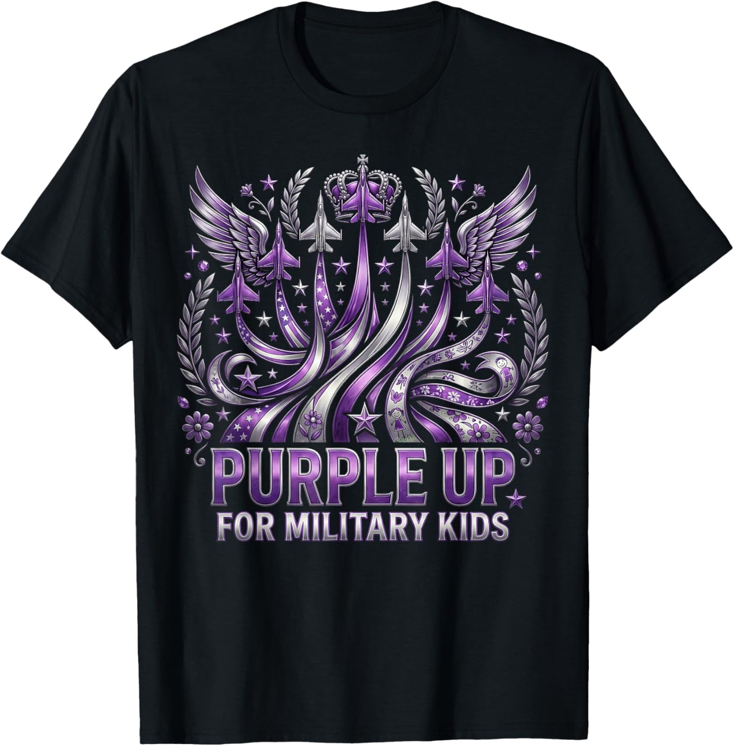 Military Child Month USA Flag Purple Up for Military Kids T-Shirt - T-Shirt | Black