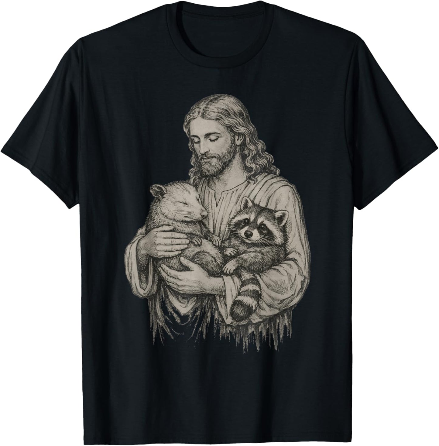 Jesus Holding Opossum and Raccoon Christian Religious Funny T-Shirt - T-Shirt | Black