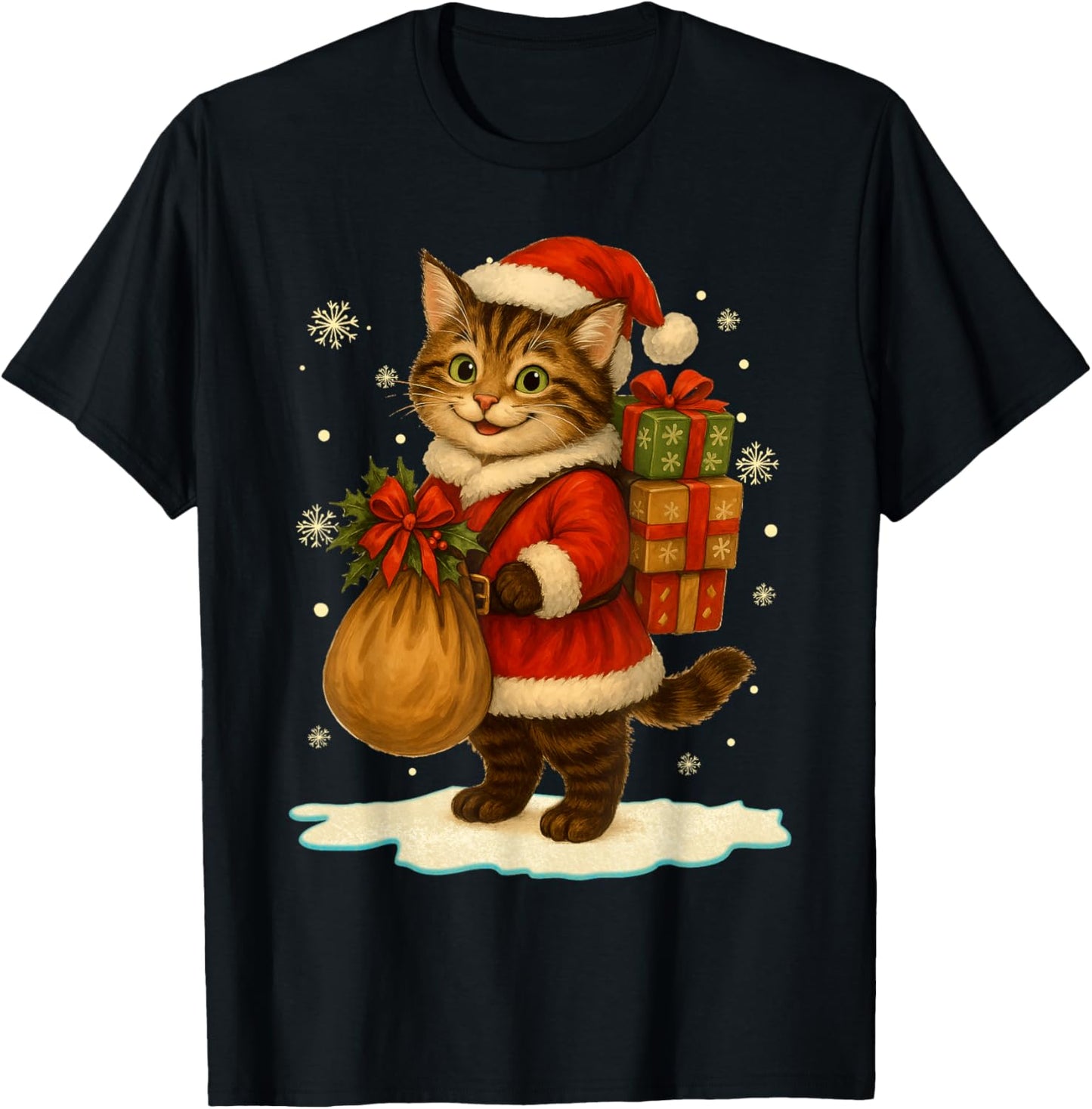 Cat Christmas Santa Hat Vintage Cat Lover Holiday Women Kids T-Shirt - T-Shirt | Black