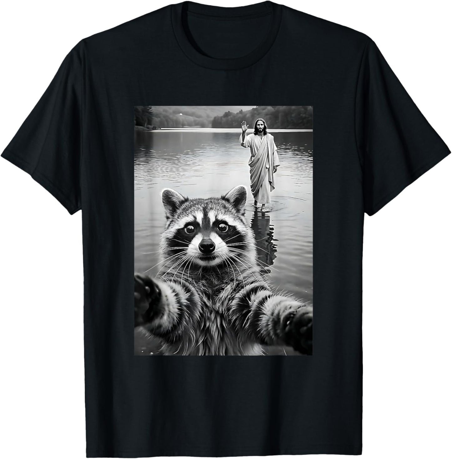 Funny Raccoon & Jesus Selfie, Easter, Religious, Christian T-Shirt - T-Shirt | Black