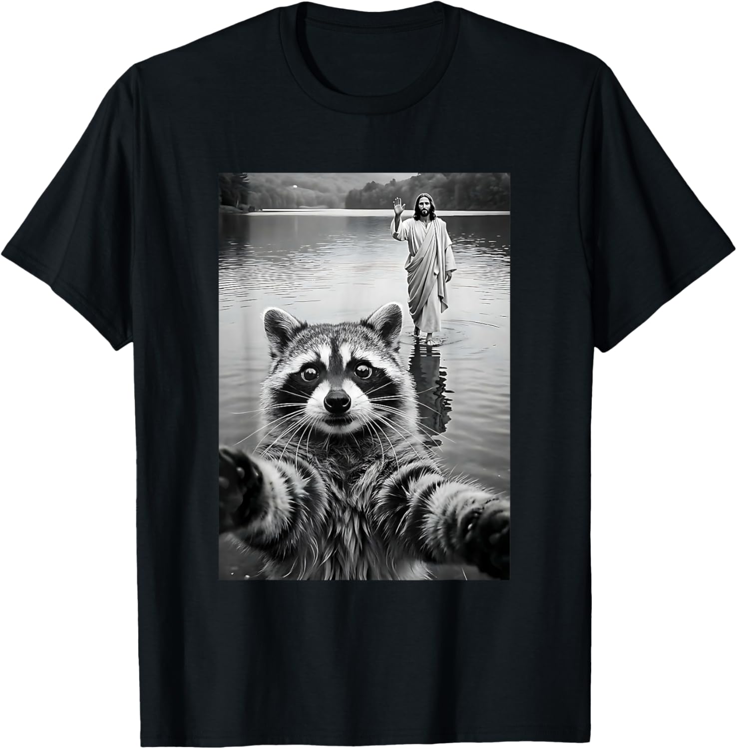 Funny Raccoon & Jesus Selfie, Easter, Religious, Christian T-Shirt - T-Shirt | Black