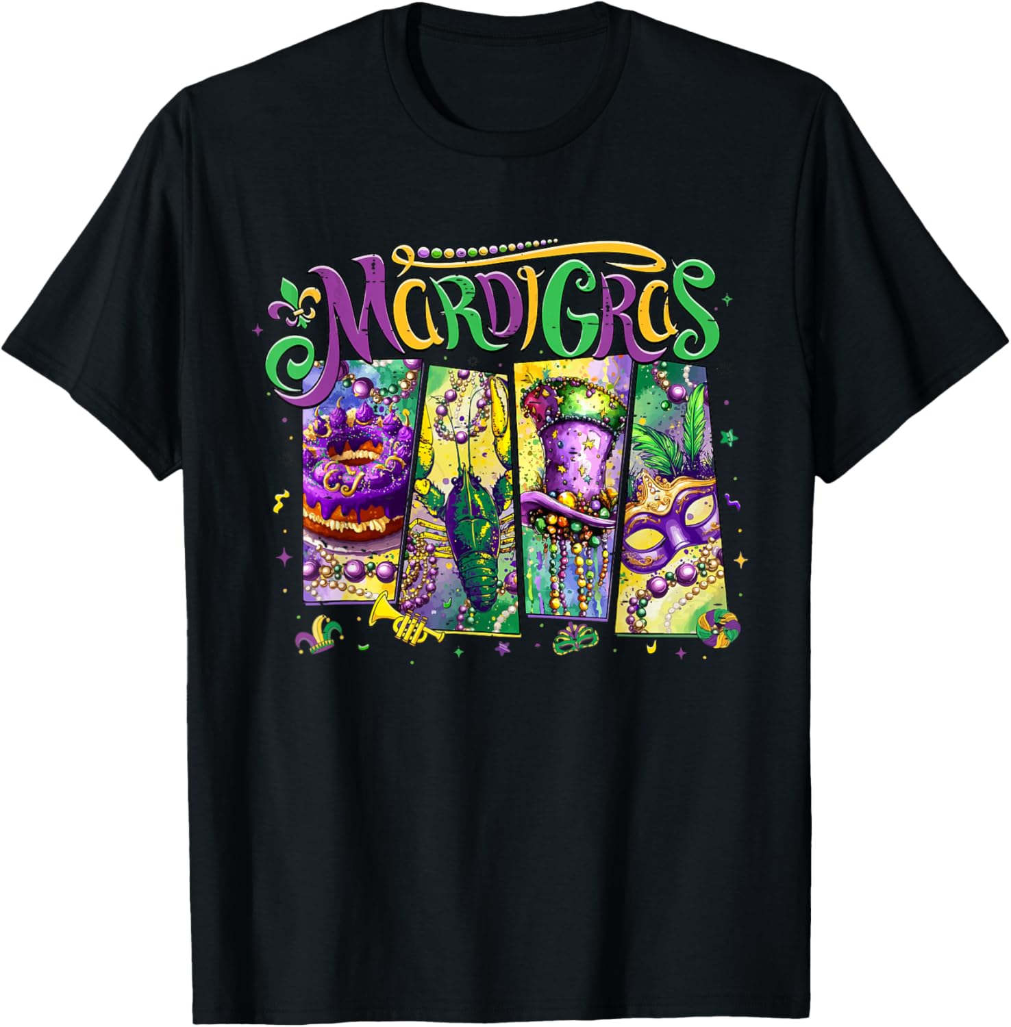 Funny Mardi Gras Vibes Fleur De Lis King Cake Crawfish Mask T-Shirt - T-Shirt | Black