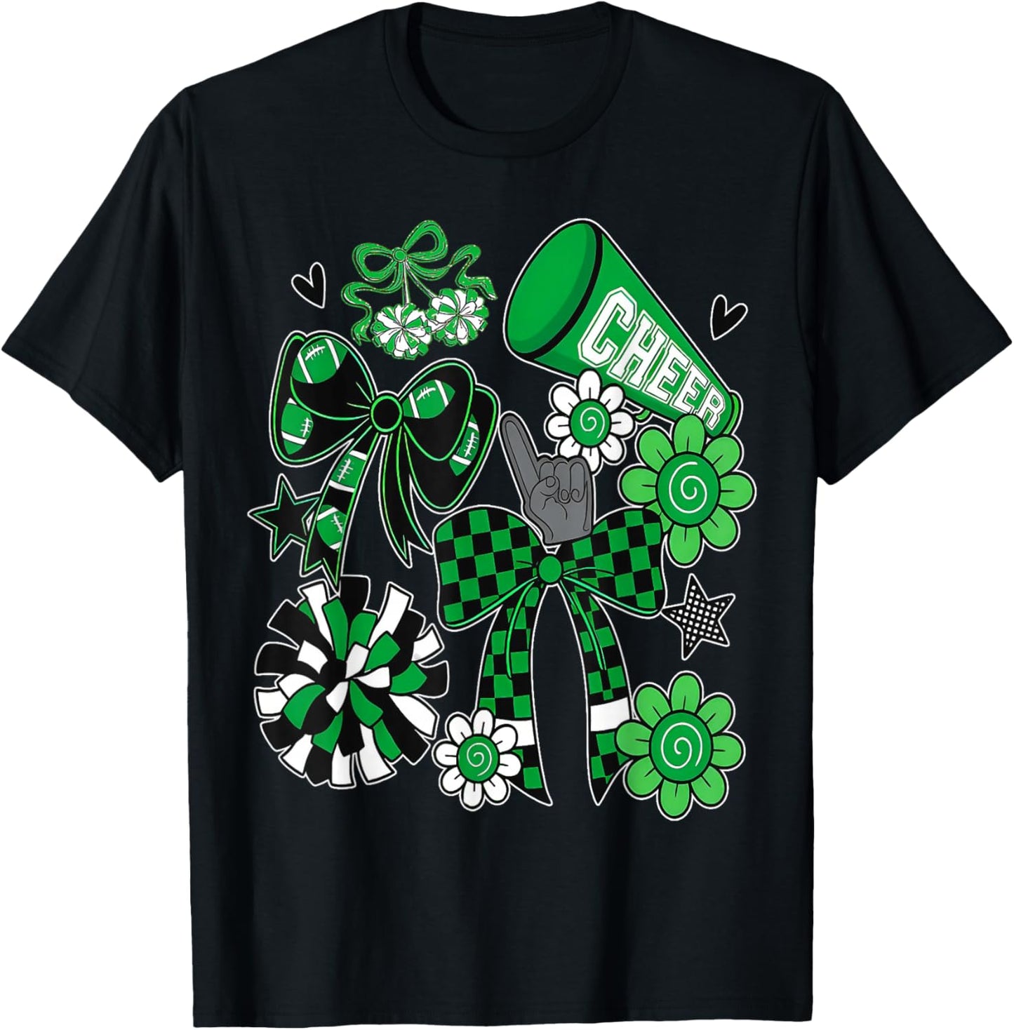 Retro Green Cheer Football Game Day Coquette Bow T-Shirt - T-Shirt | Black