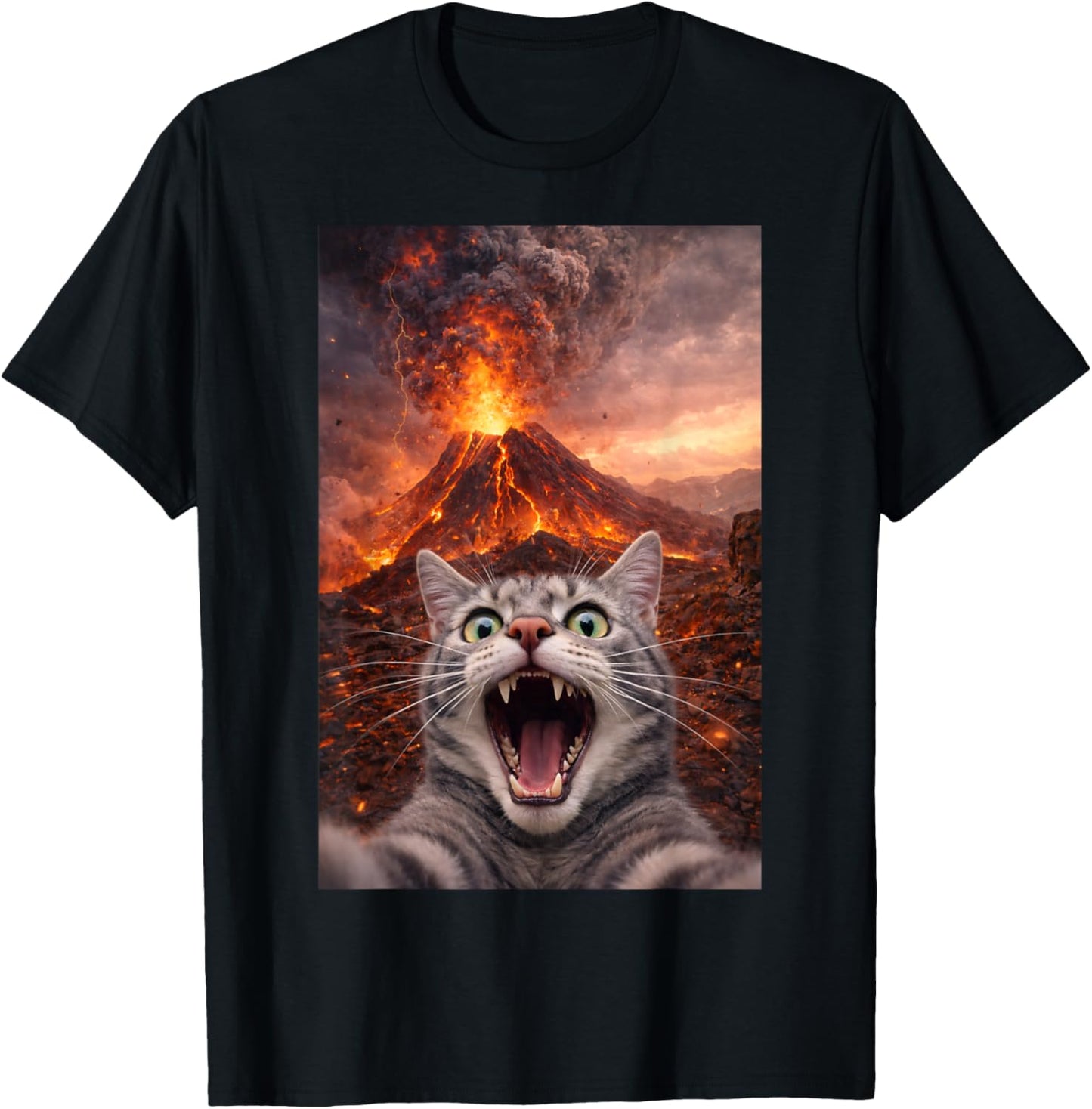 Funny Scared Cat Selfie During Volcano Eruption T-Shirt - T-Shirt | Black