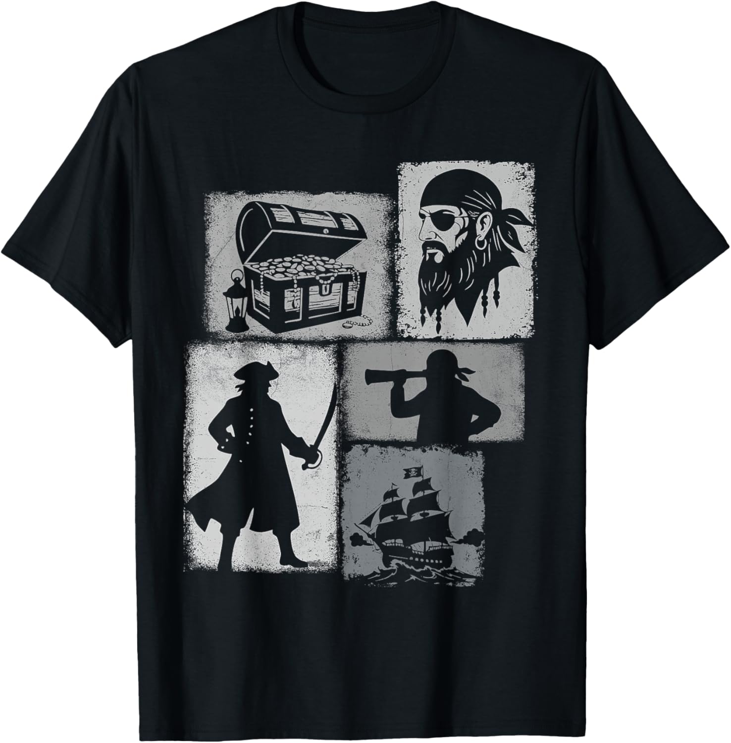 Pirate Vintage Collage Sailor Captain Treasure Hunter T-Shirt - T-Shirt | Black