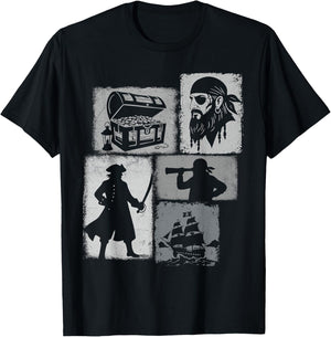 Pirate Vintage Collage Sailor Captain Treasure Hunter T-Shirt - T-Shirt | Black