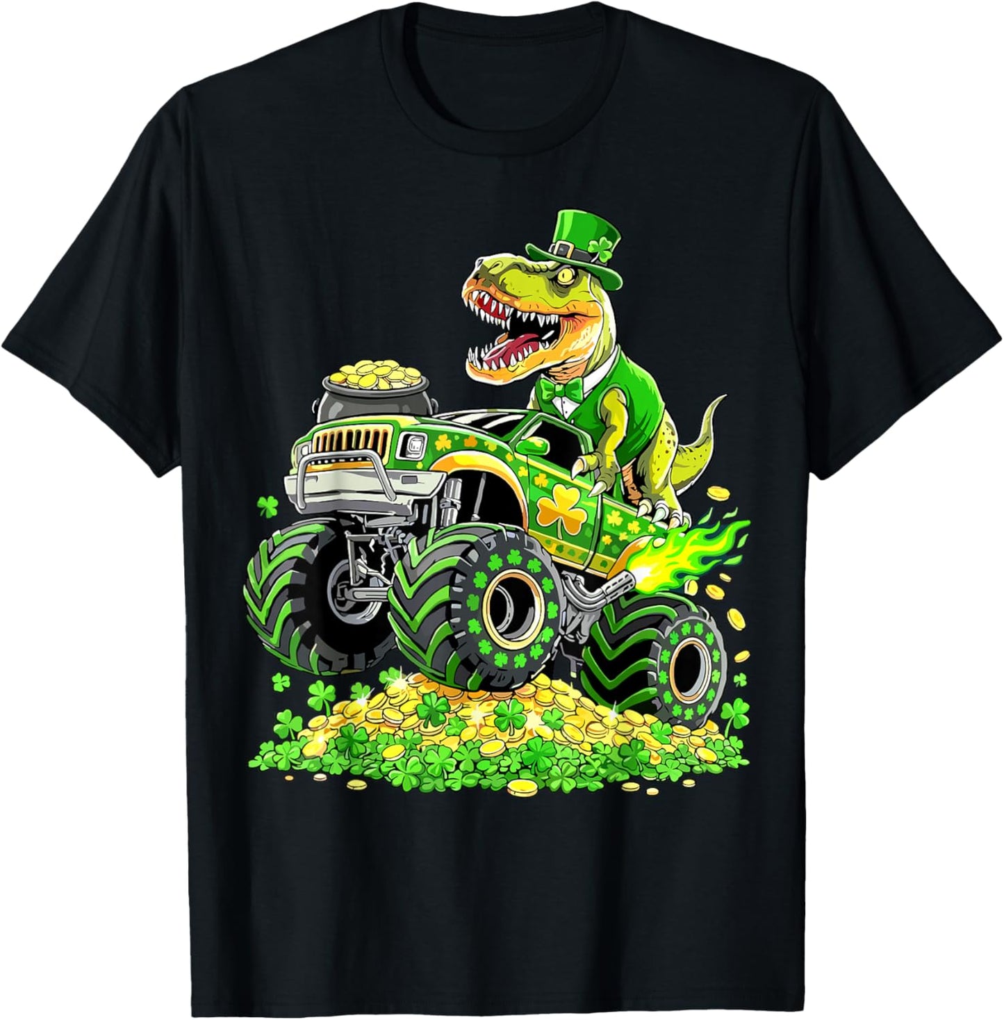 St Patricks Day T Rex Monster Truck Shamrock T-Shirt - T-Shirt | Black