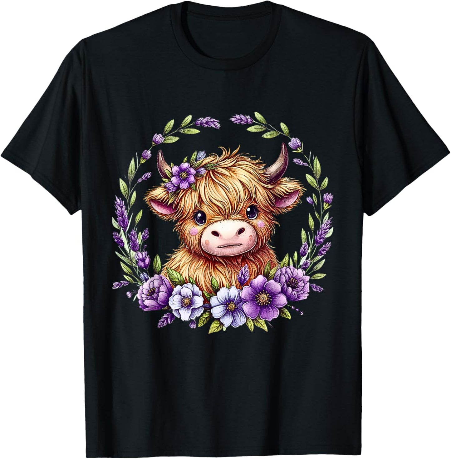 Baby Highland Cow with Purple Flowers Scottish Farm T-Shirt - T-Shirt | Black