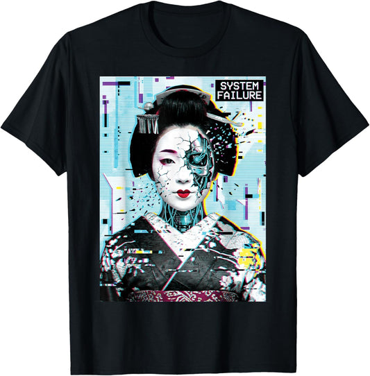 Retro Japanese Streetwear Cyberpunk Geisha Glitch Art Anime T-Shirt - T-Shirt | Black