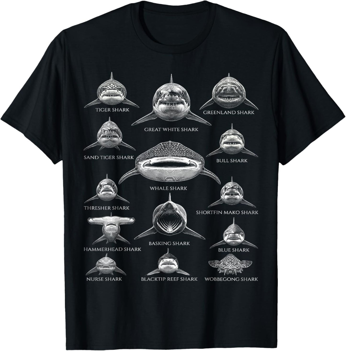 Shark Faces Vintage Engraving Marine Biology Ocean Species T-Shirt - T-Shirt | Black